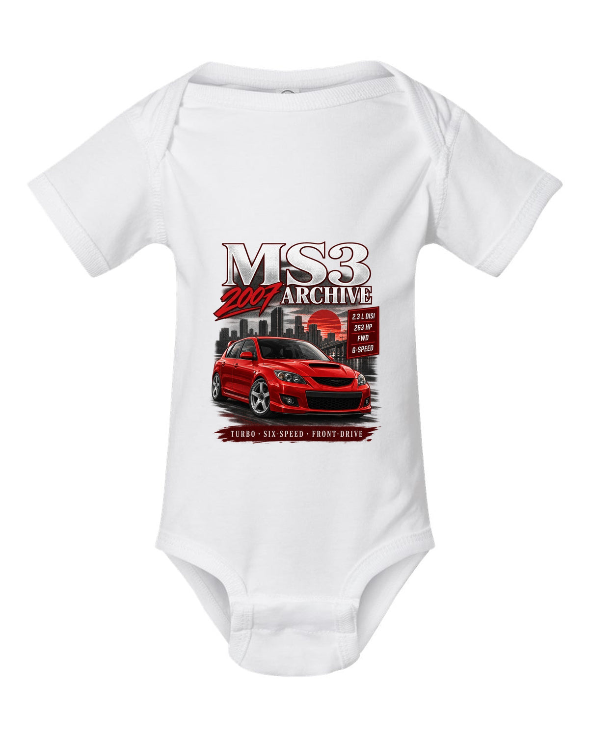 Mazdaspeed3 front three-quarter archive panel with MS3 Archive 2007 heading white baby onesie front view with the design