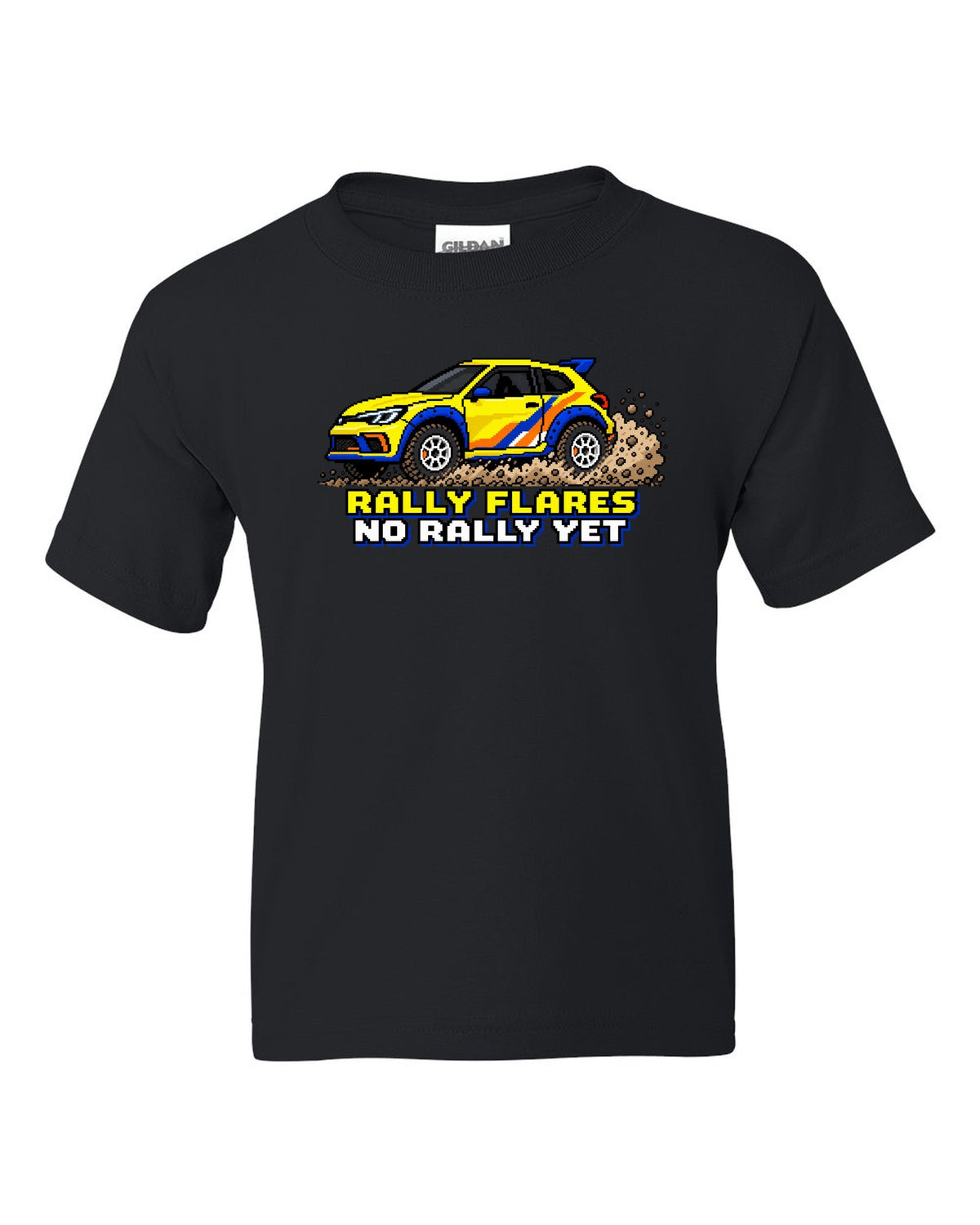 Rivian R3X 16-bit pixel art gravel slide print with the text rally flares no rally yet black kids tee front view with the design