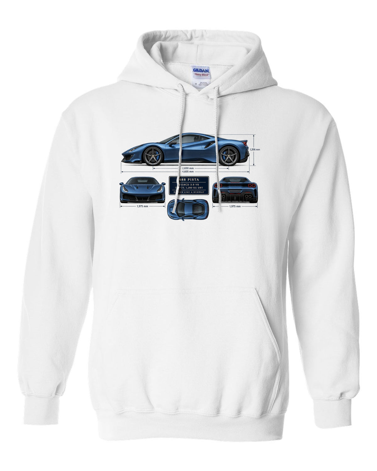 Blueprint print of the Ferrari 488 Pista in steel blue white pull over hoodie front view with the design