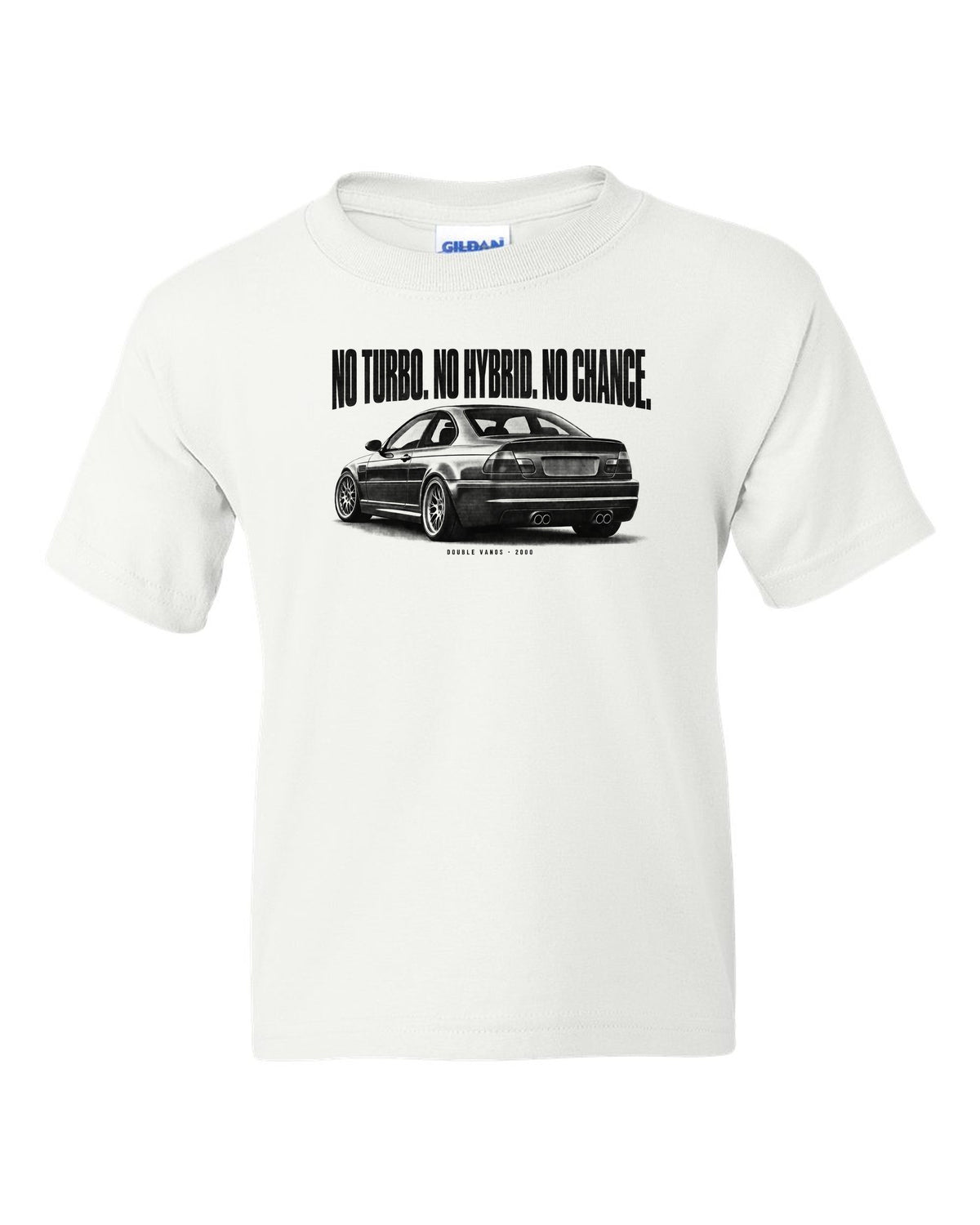 BMW E46 M3 coupe halftone print with no turbo no hybrid no chance and Double VANOS text white kids tee front view with the design