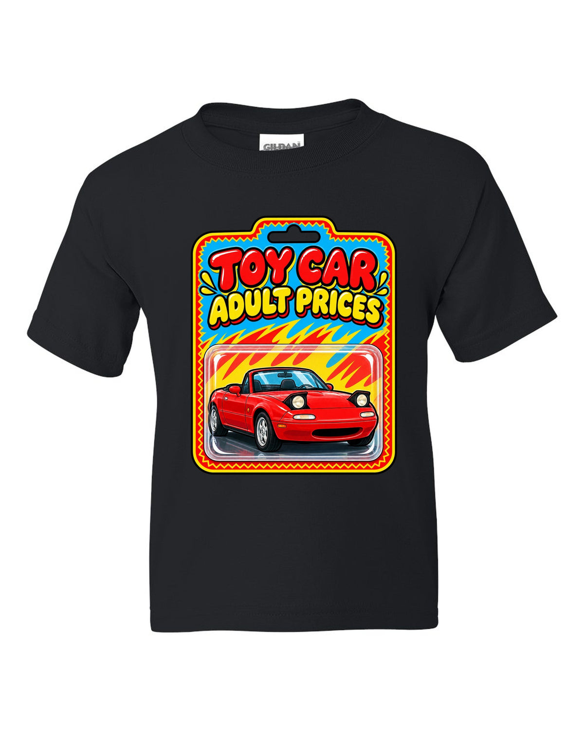 Toy car blister card style illustration of a Mazda MX-5 NA with adult prices text black kids tee front view with the design