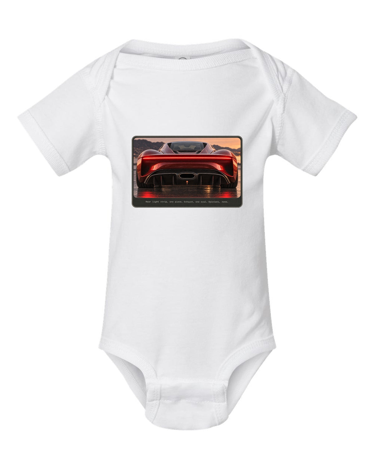 Bugatti Chiron rear light strip and oval exhaust macro print white baby onesie front view with the design