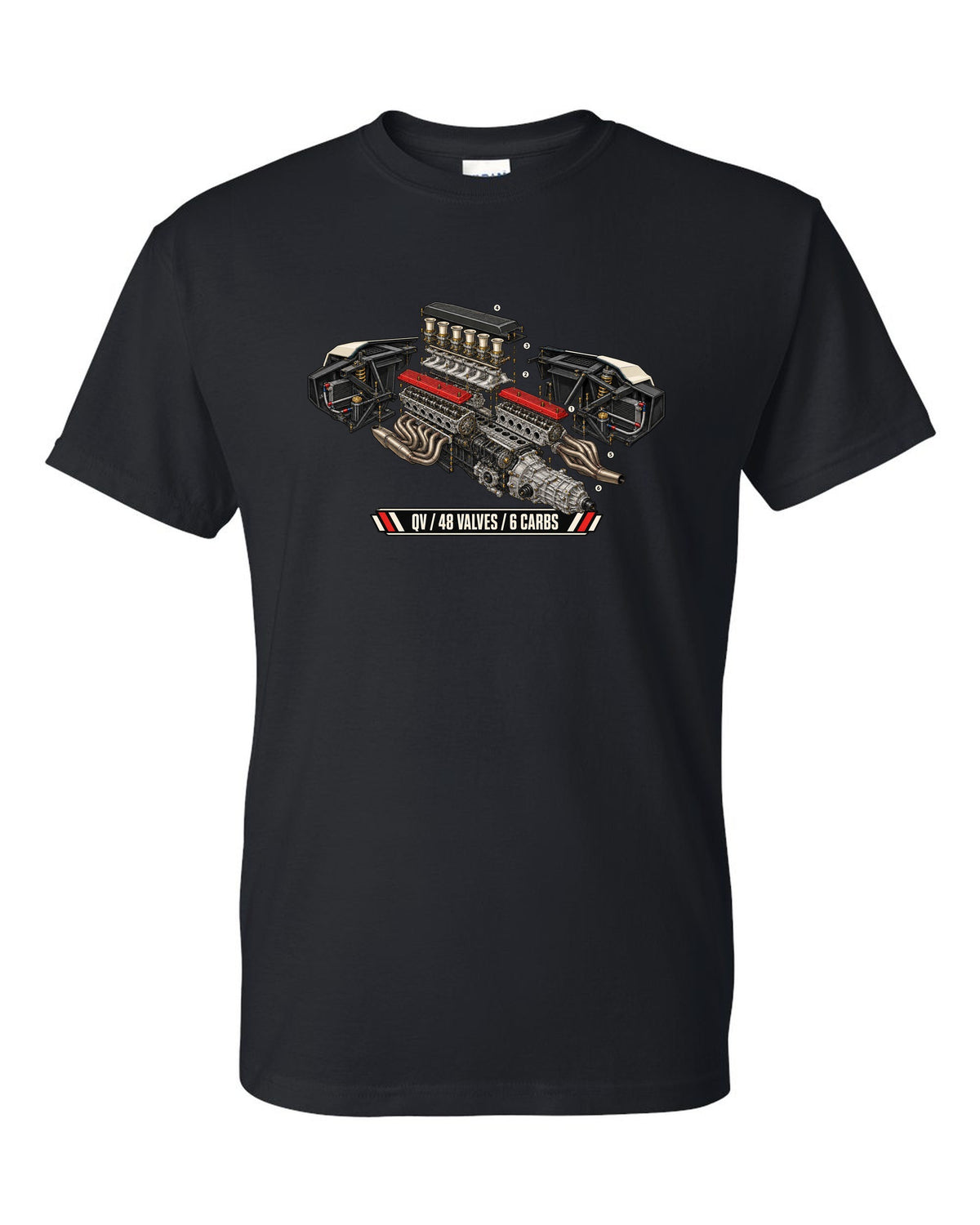 Exploded engine cutaway of a 1985 Lamborghini Countach LP5000 QV with 48 valves and 6 carbs lettering black t-shirt front view with the design