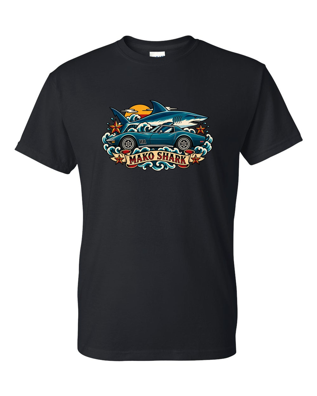 Retro tattoo flash print of a 1968 Chevrolet Corvette C3 Stingray with Mako Shark lettering black t-shirt front view with the design