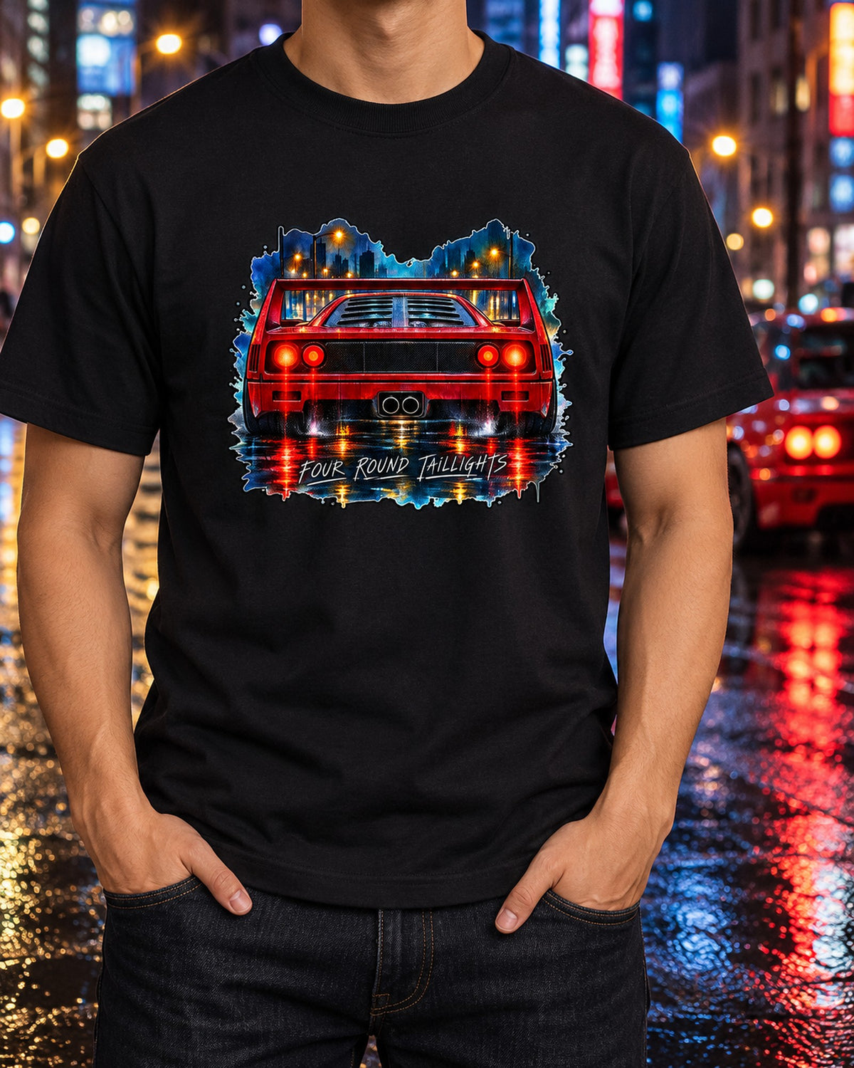 Ferrari F40 Four Round Taillights Rain Watercolour Shirt T-Shirt Black worn hero