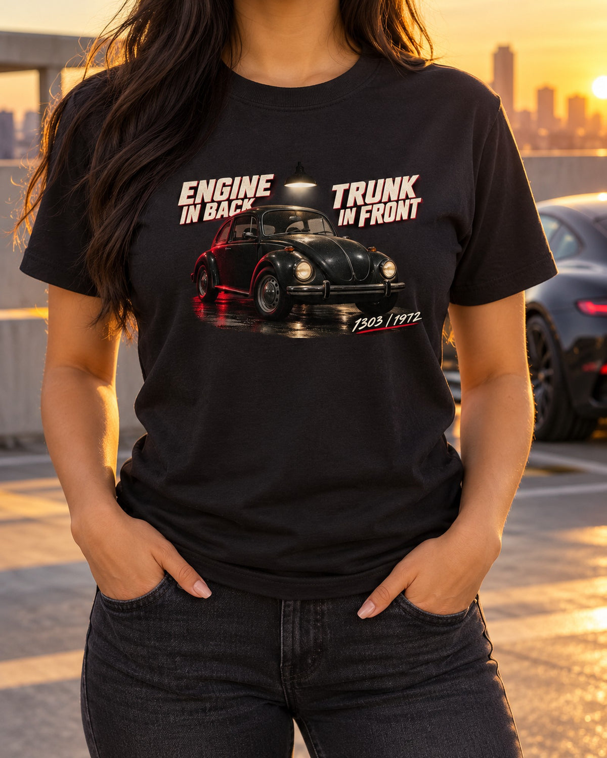 VW Beetle 1303 Engine In Back Garage Night Shirt T-Shirt Black worn hero
