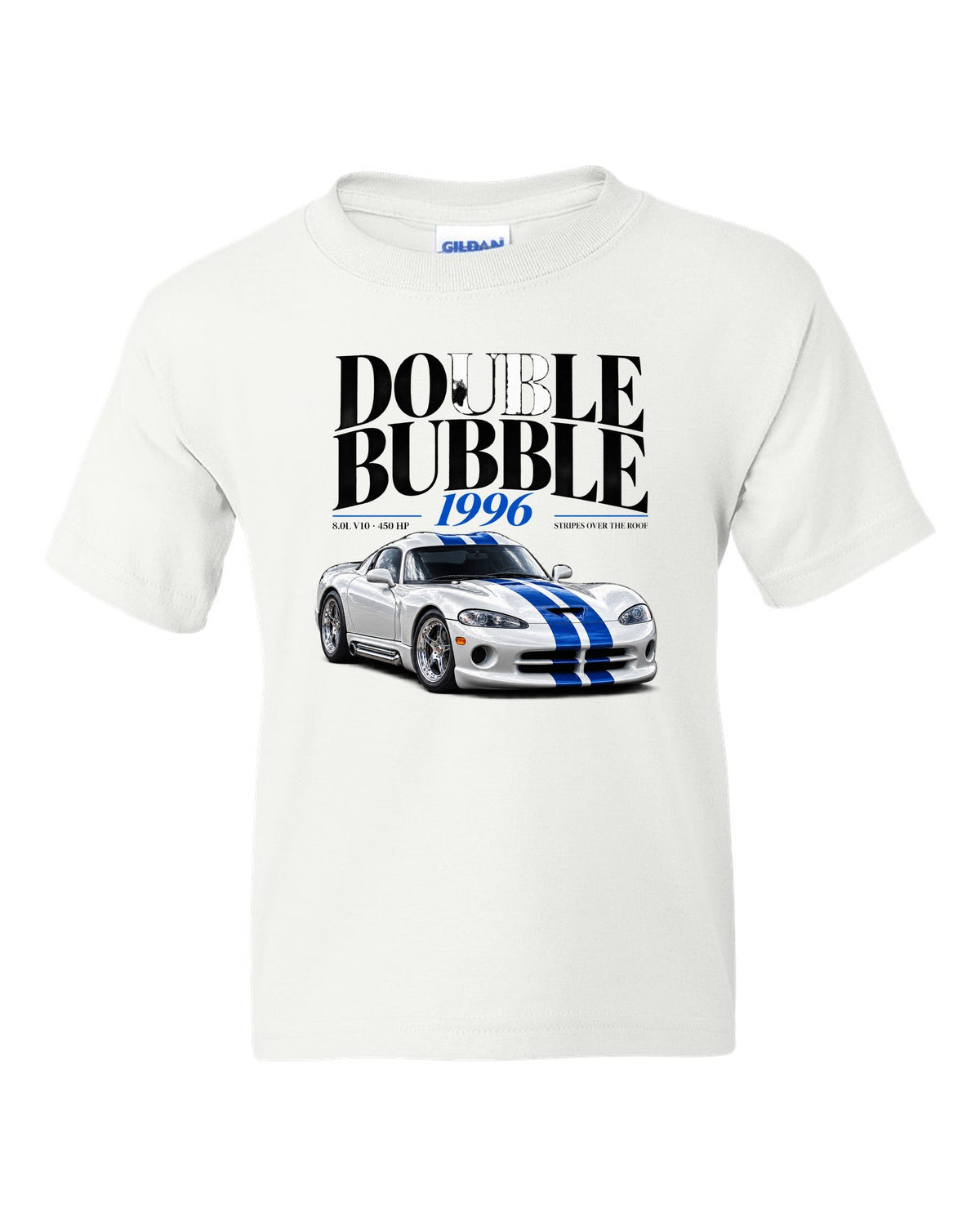 Editorial headline print of a 1996 Dodge Viper GTS SR II with double bubble and 8.0L V10 text white kids tee front view with the design