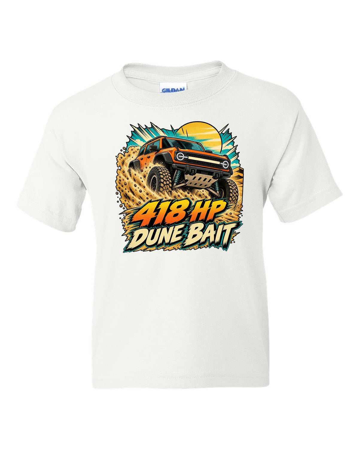 Ford Bronco Raptor U725 in a retro manga halftone dune panel print white kids tee front view with the design