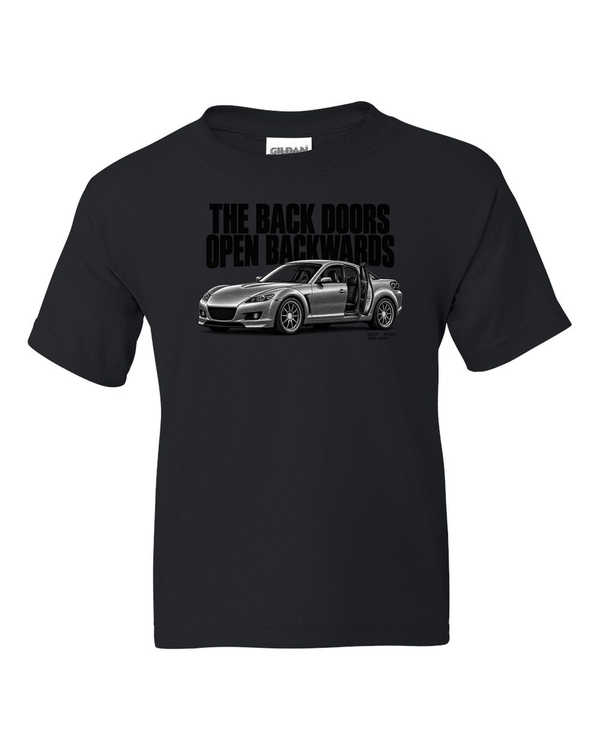 Halftone print of a Mazda RX-8 SE3P with back doors lettering black kids tee front view with the design