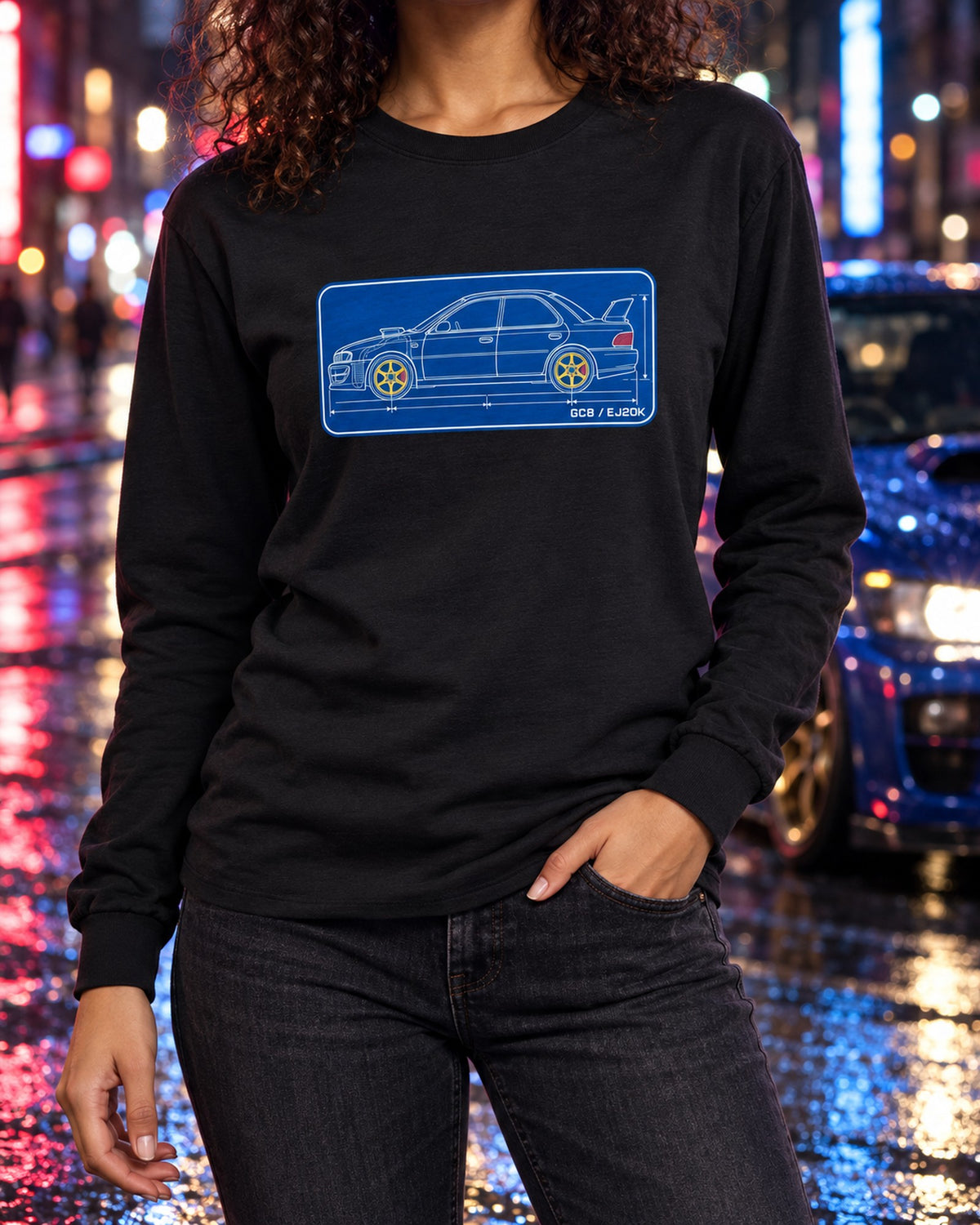 Subaru Impreza WRX GC8 1999 Cyanotype Blueprint Shirt, EJ20K Long Sleeve Black worn hero