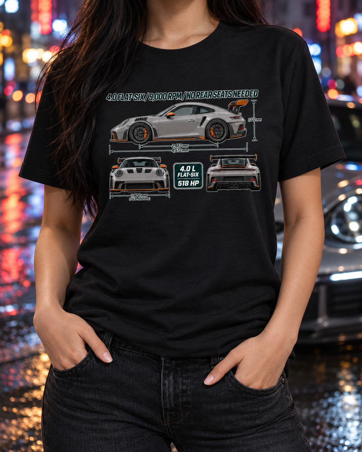 Porsche 911 GT3 RS 992 Three-View Spec Table Shirt T-Shirt Black worn hero