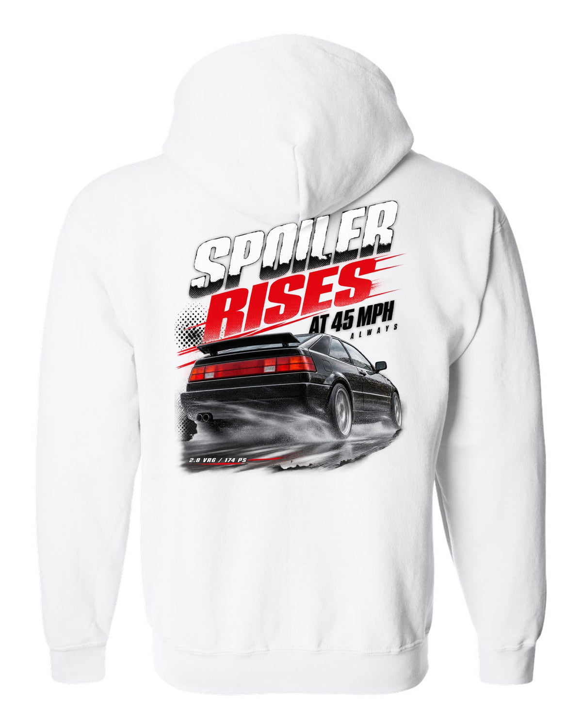 Race poster print of a VW Corrado VR6 rear three-quarter with spoiler rises at 45 mph text white zip hoodie back view with the design