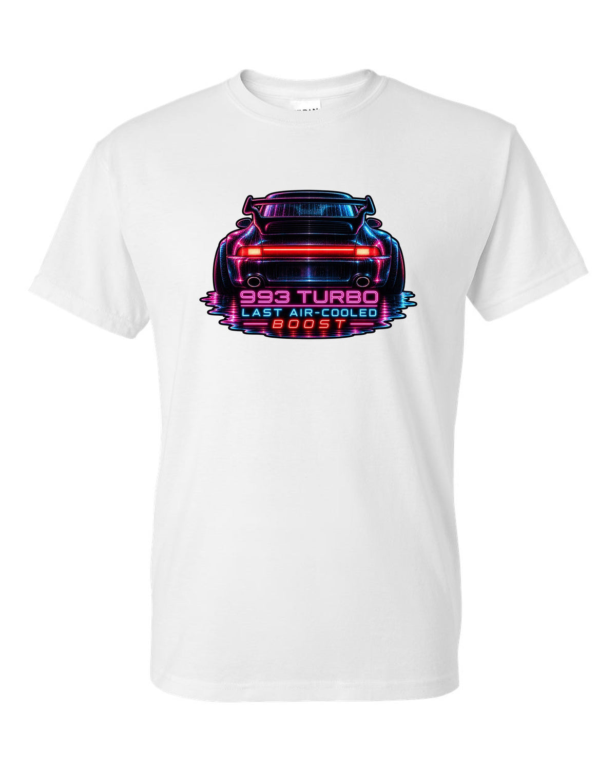Porsche 993 Turbo neon noir design with glowing rear light bar white t-shirt front view with the design