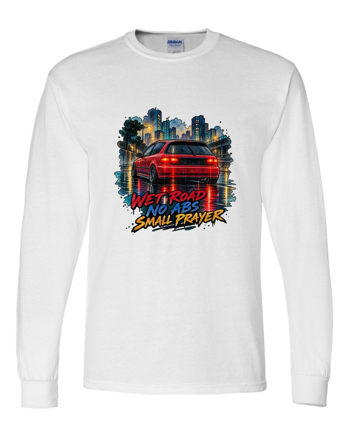 Watercolour wet road print of a Honda Civic EG6 ch with red taillights and no ABS text white long sleeve front view with the design