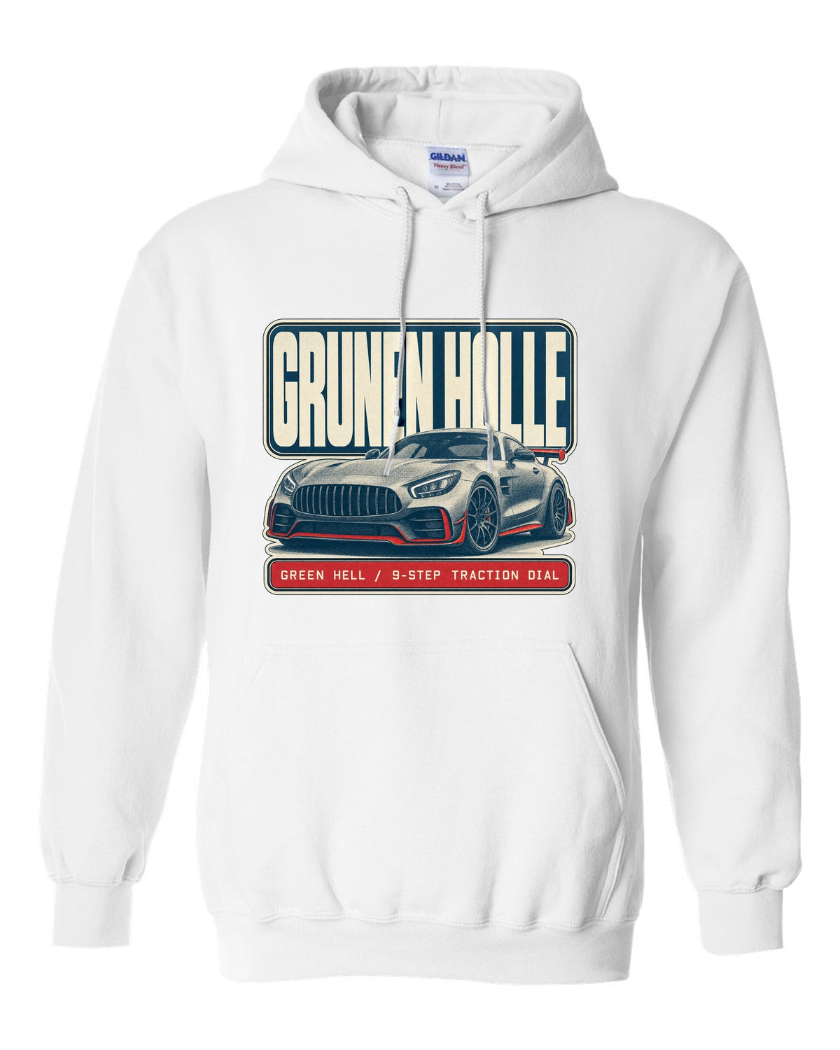 Mercedes-AMG GT R C190 halftone Green Hell print white pull over hoodie front view with the design