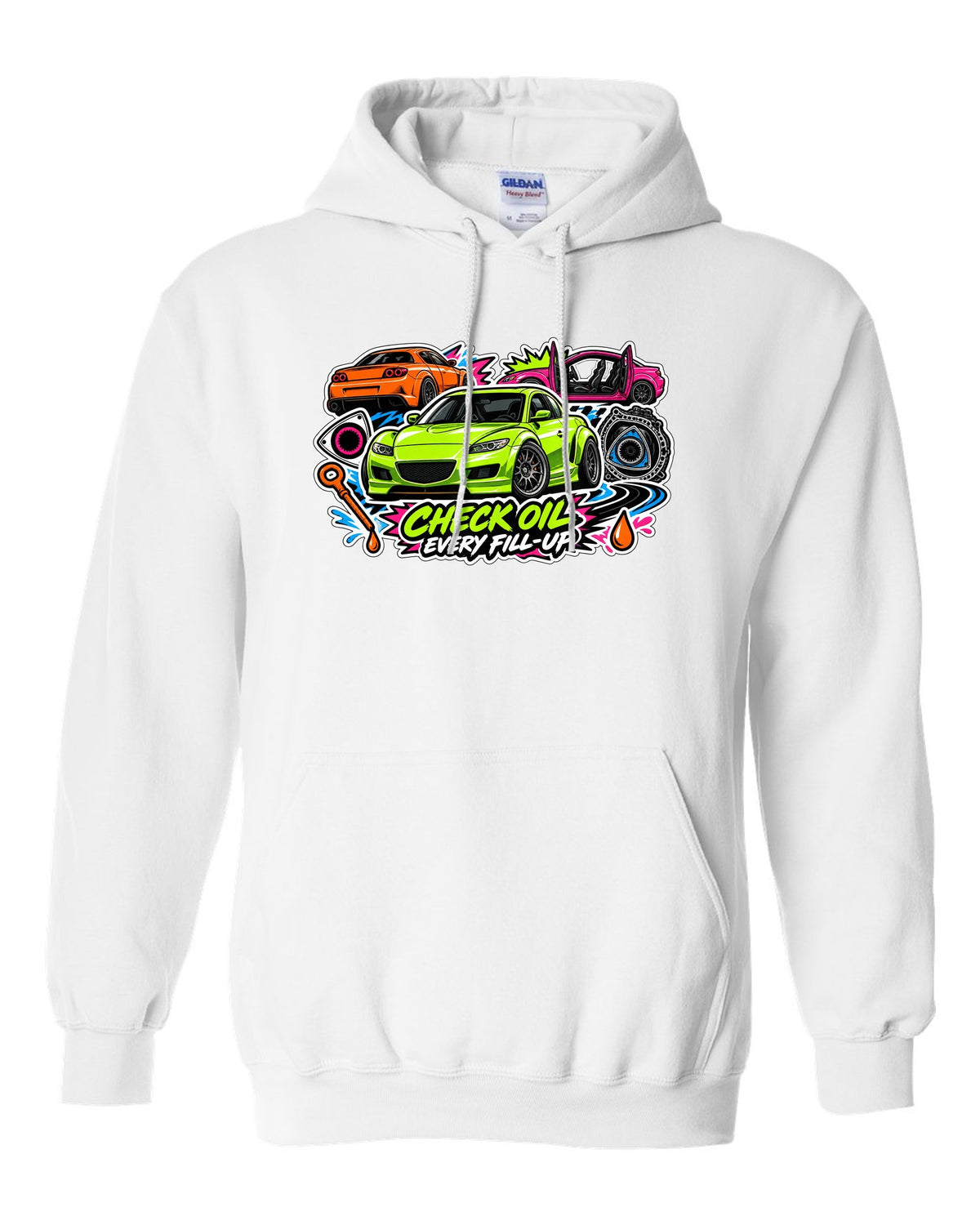 Retro synthwave sunset grid design for the Mazda RX-8 Renesis with 15 MPG ON A GOOD DAY lettering white pull over hoodie front view with the design
