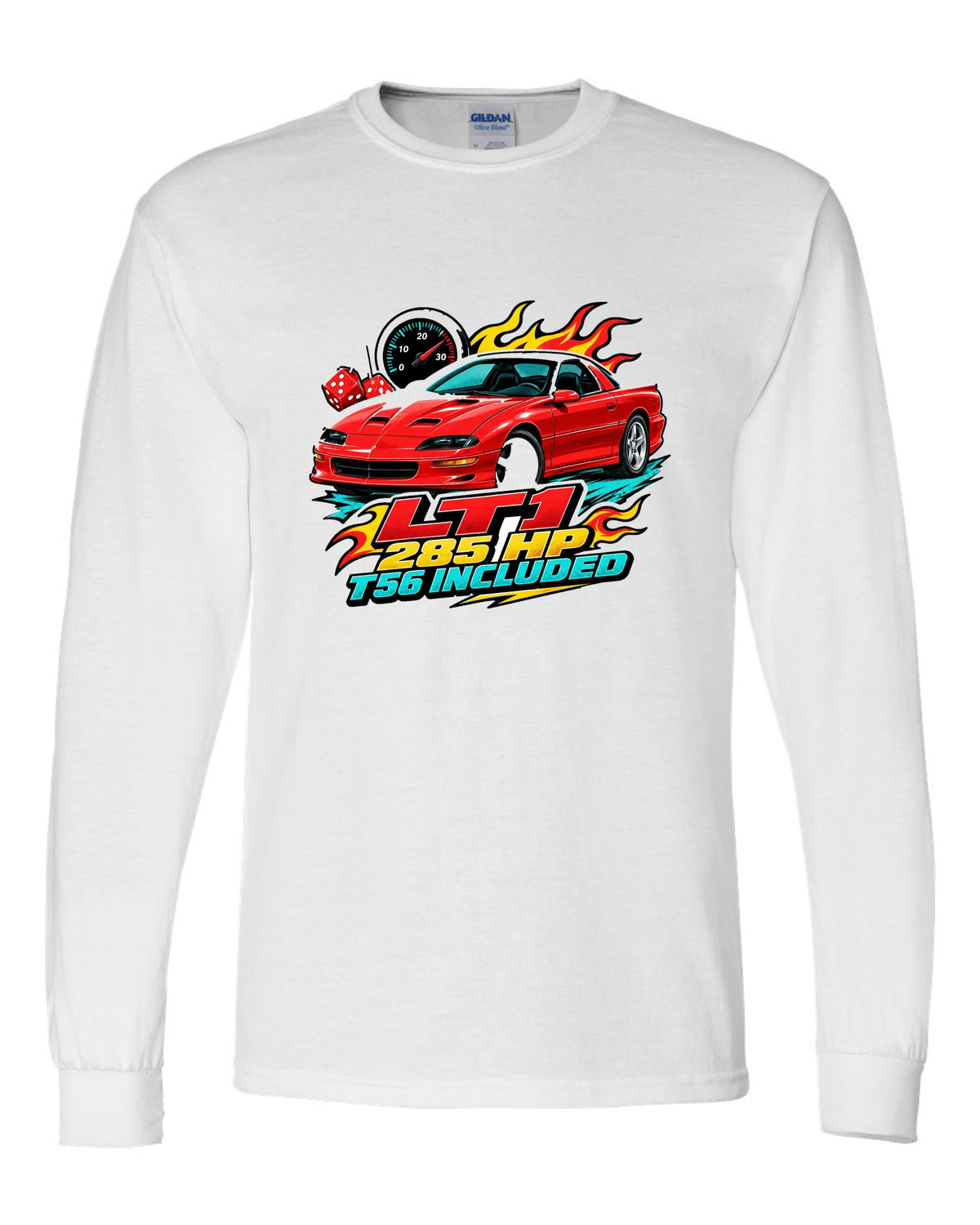1996 Chevrolet Camaro Z28 LT1 sticker-bomb collage print with 285 HP T56 text white long sleeve front view with the design