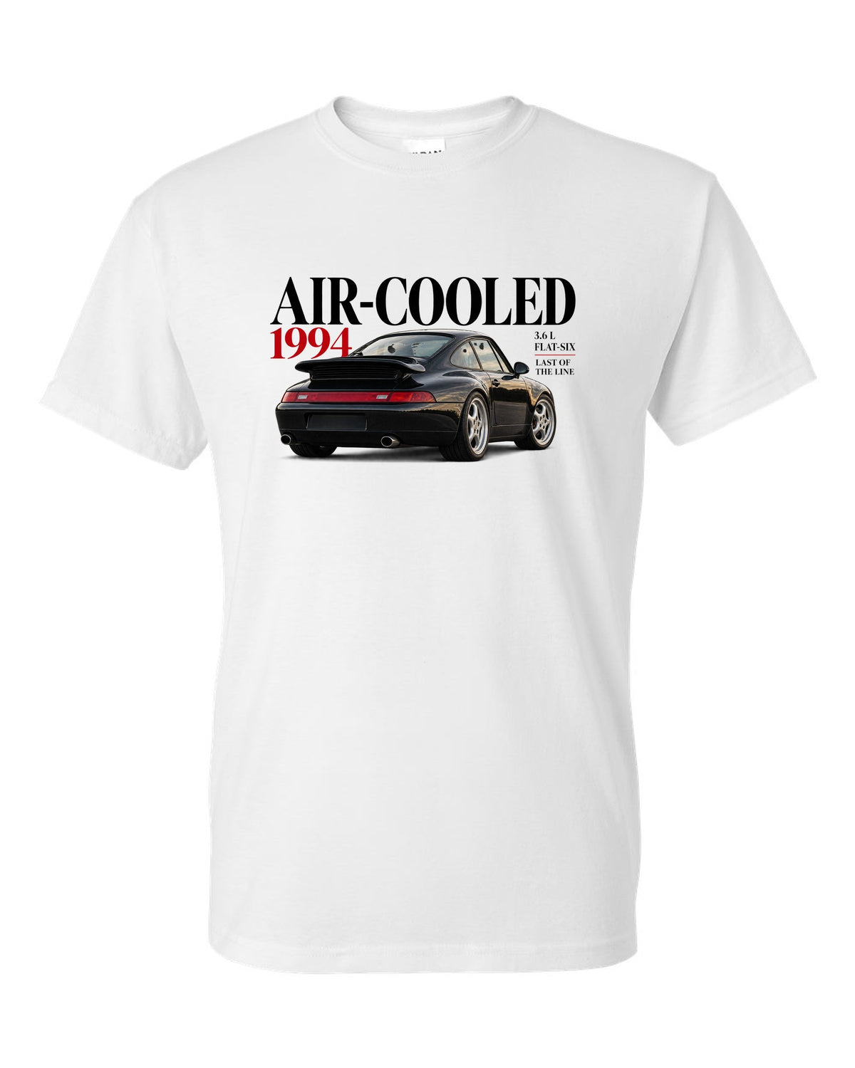 Editorial print of a Porsche 911 993 Carrera coupe with Air-Cooled 1994 3.6 L flat-six lettering white t-shirt front view with the design