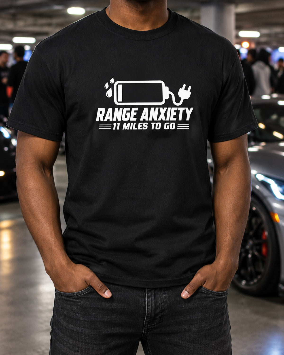Funny Range Anxiety EV Shirt for Car Guys T-Shirt Black worn hero