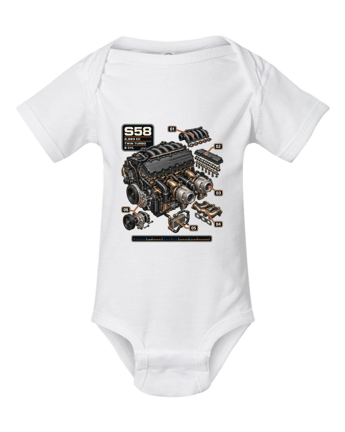 BMW S58 twin-turbo inline-six engine print with 2,993 cc text white baby onesie front view with the design