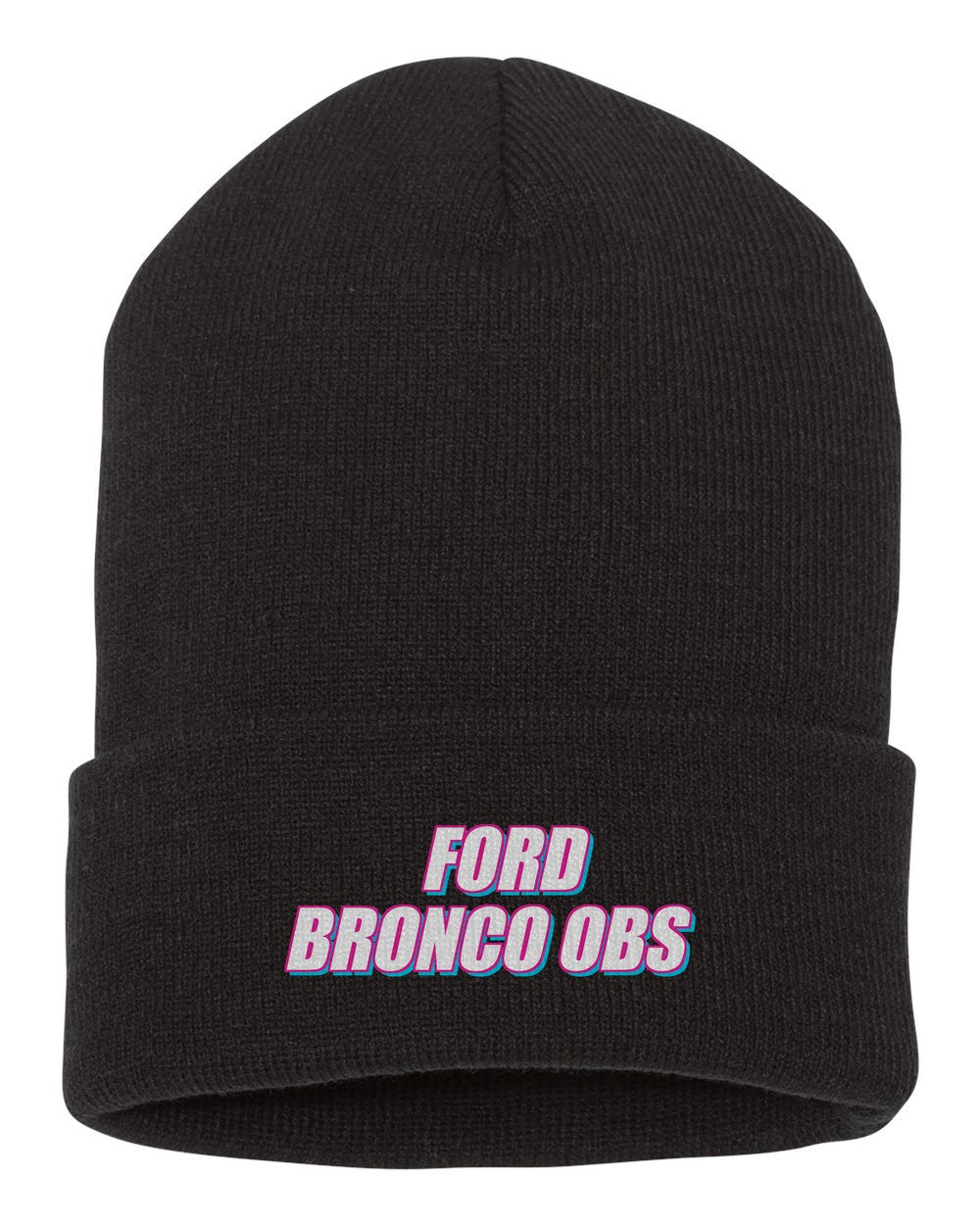 Ford Bronco Obs black beanie front view with car name