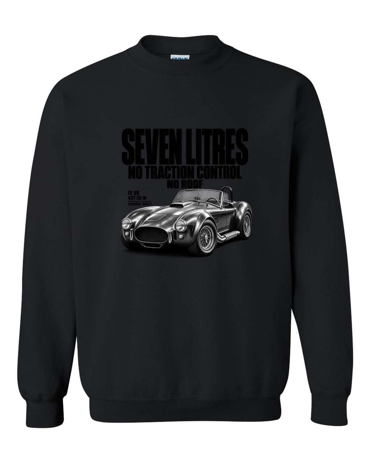 Shelby Cobra 427 Side-Oiler Halftone black crewneck front view with the design