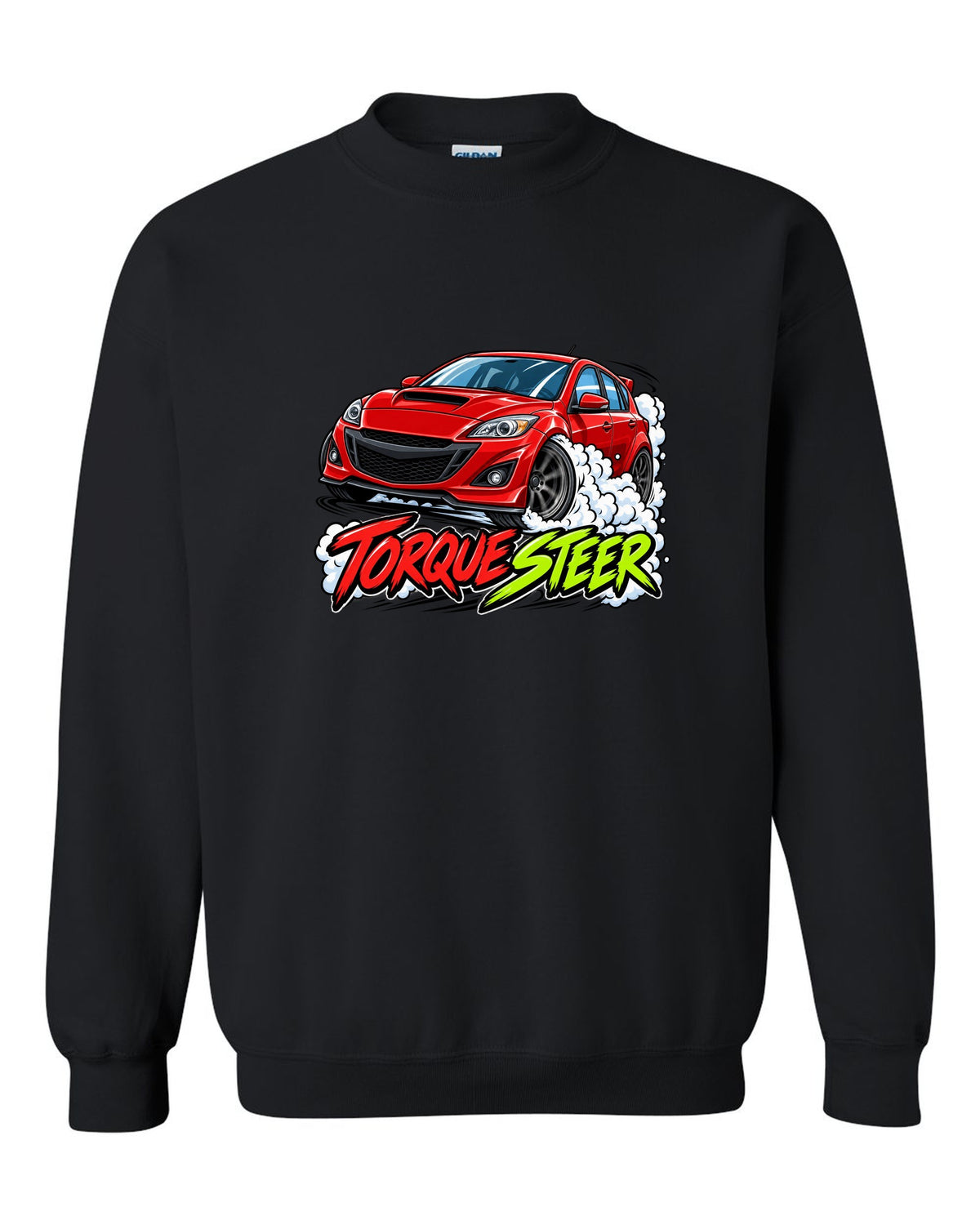 Double-exposure vector design of the Mazdaspeed Miata NB turbo with NB / 178 HP lettering black crewneck front view with the design