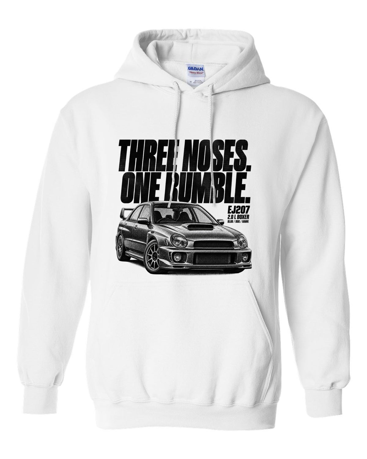 Halftone print of a Subaru Impreza WRX STi GDB with Blob Bug Hawk lettering white pull over hoodie front view with the design