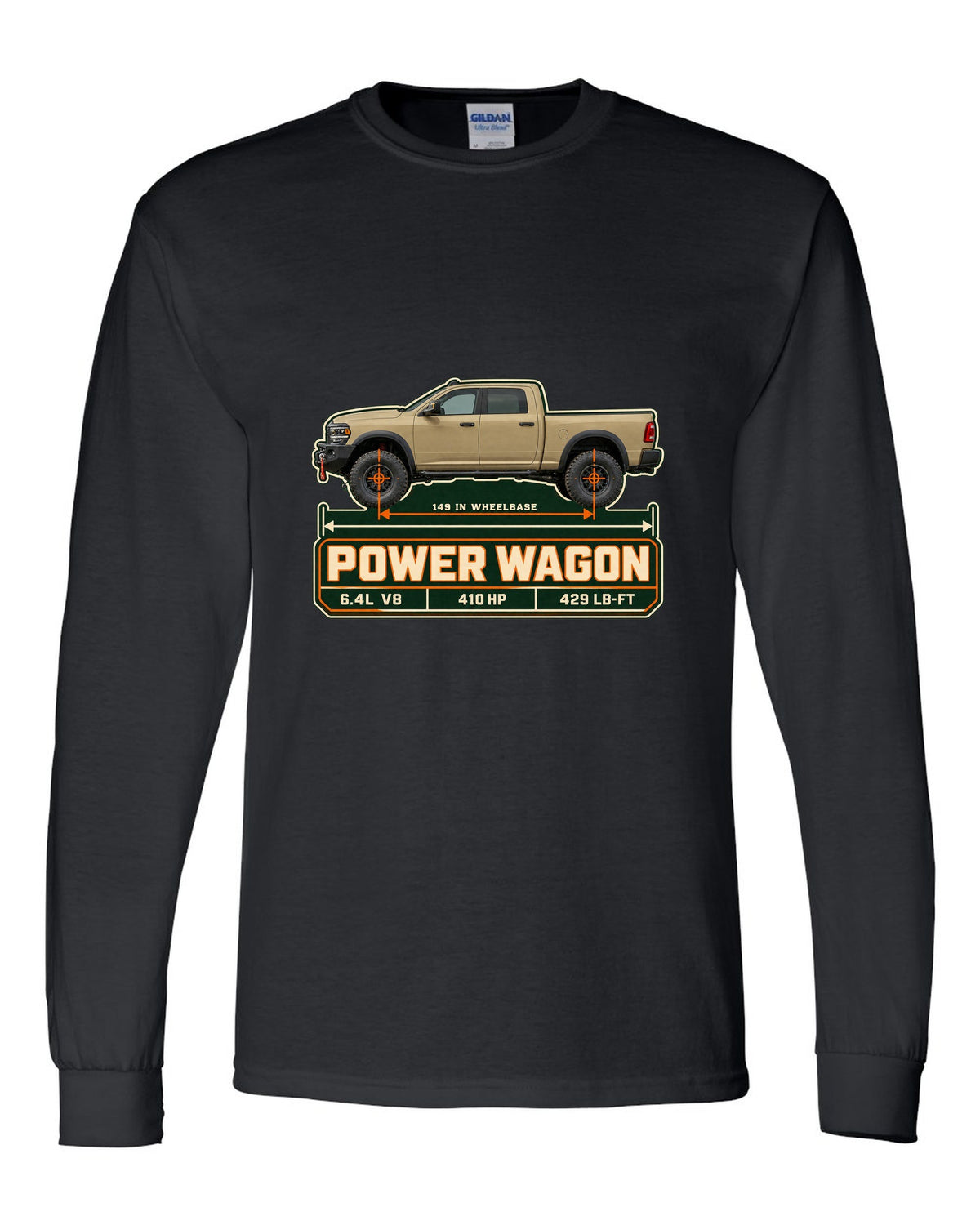 Ram 2500 Power Wagon dimension blueprint plate print with 149 inch wheelbase black long sleeve front view with the design