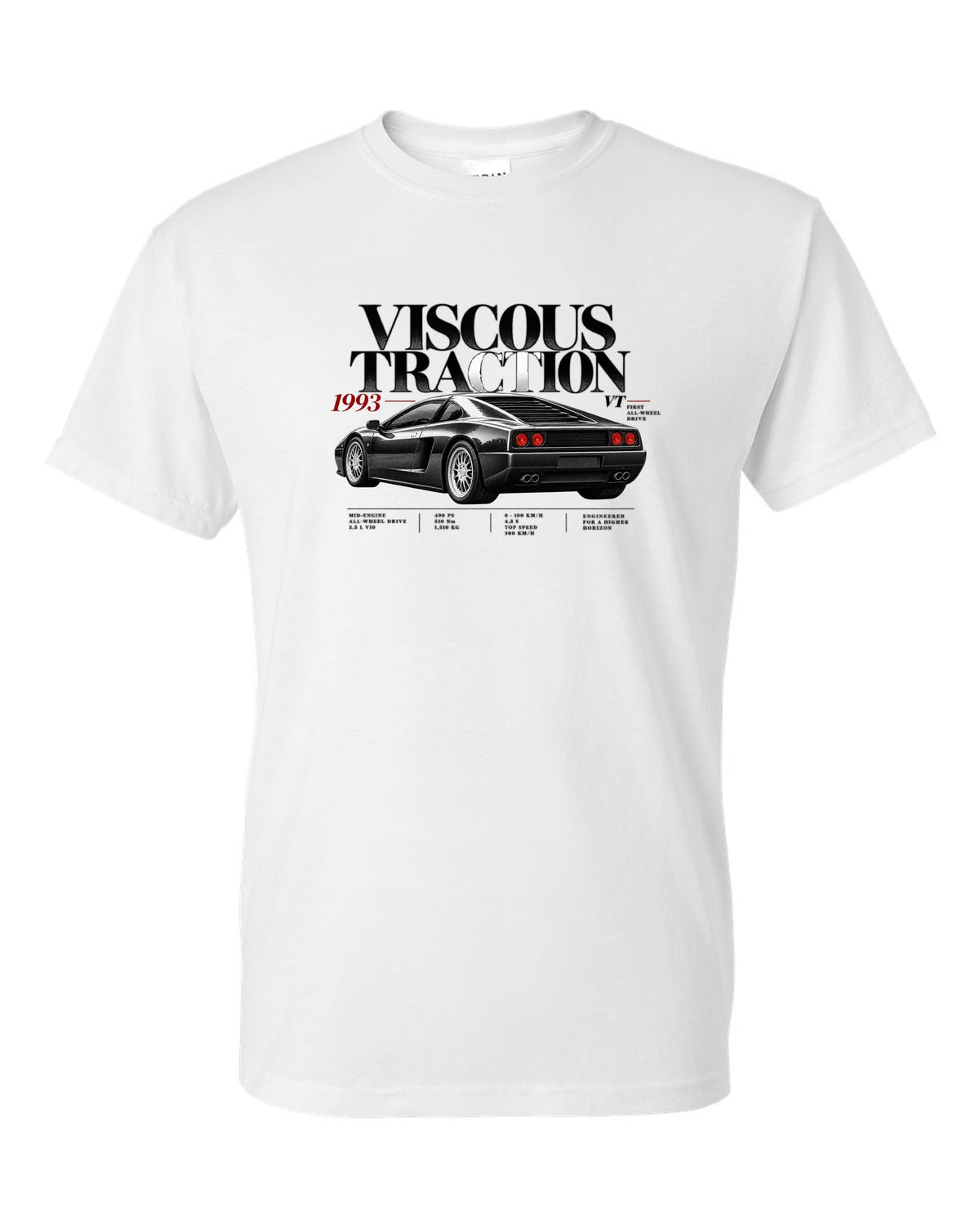 Editorial print of a Lamborghini Diablo VT with viscous traction and first all-wheel drive text white t-shirt front view with the design