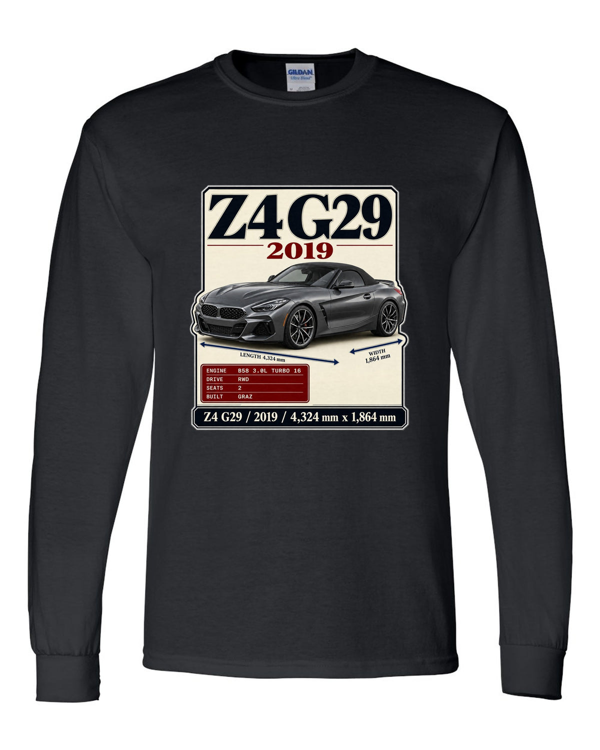 Archive plate print of the BMW Z4 G29 M40i First Edition with 2019 and dimensions black long sleeve front view with the design