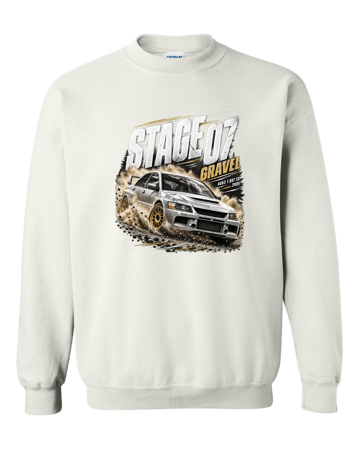 Rally poster print of a Mitsubishi Lancer Evolution IX CT9A on gravel white crewneck front view with the design