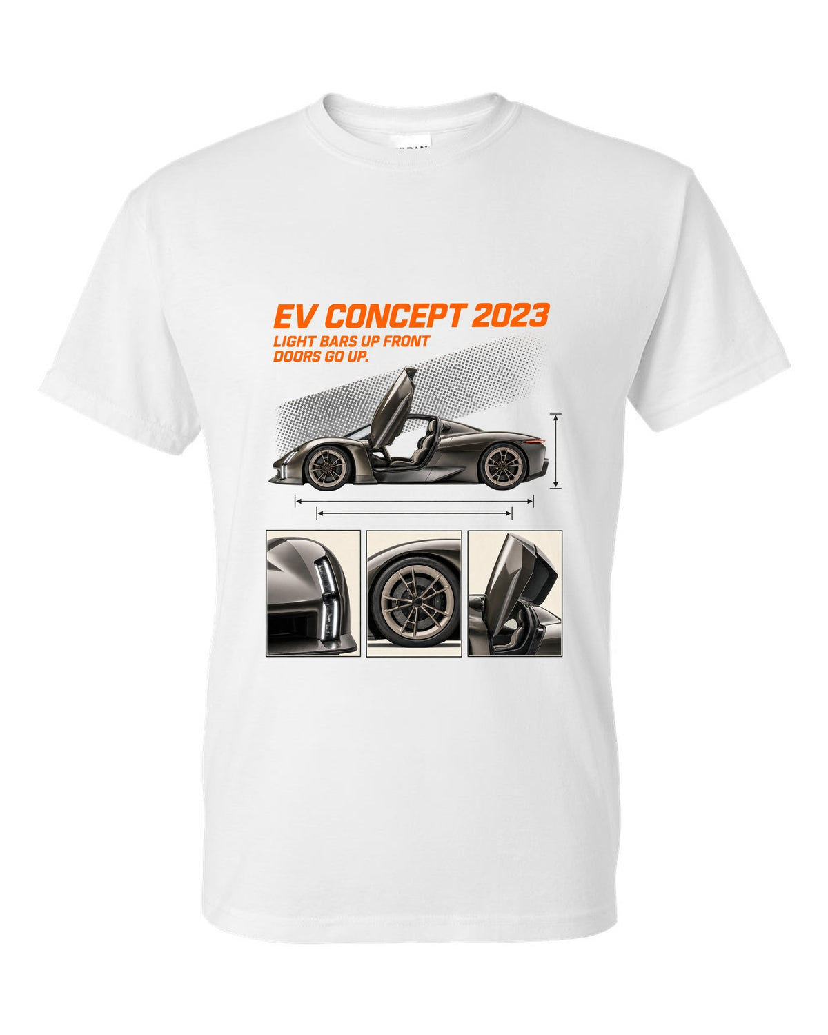 Porsche Mission X electric concept dossier panels print design white t-shirt front view with the design