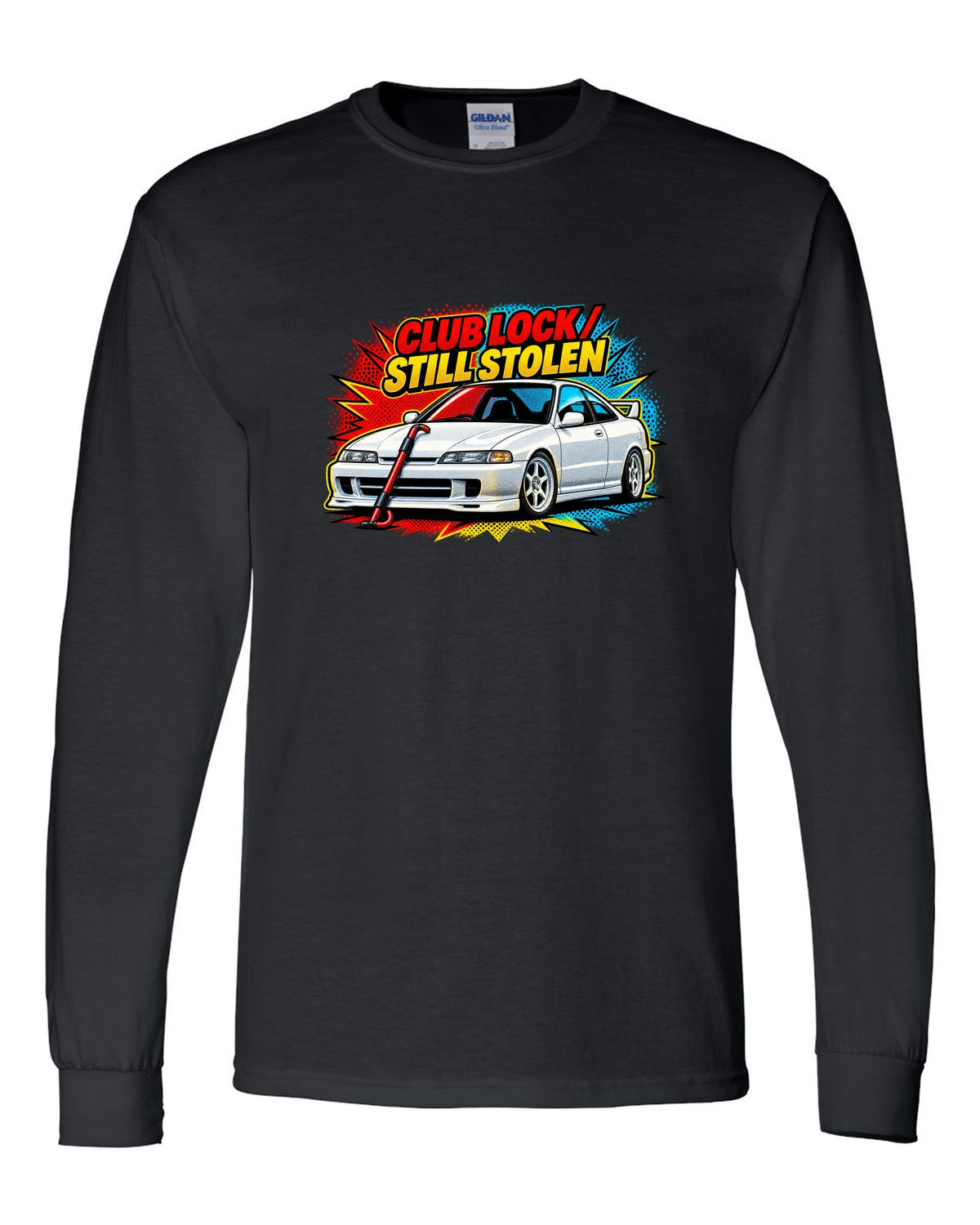 Pop-art halftone split of a 1995 Honda Integra DC2 coupe with Club Lock Still Stolen lettering black long sleeve front view with the design
