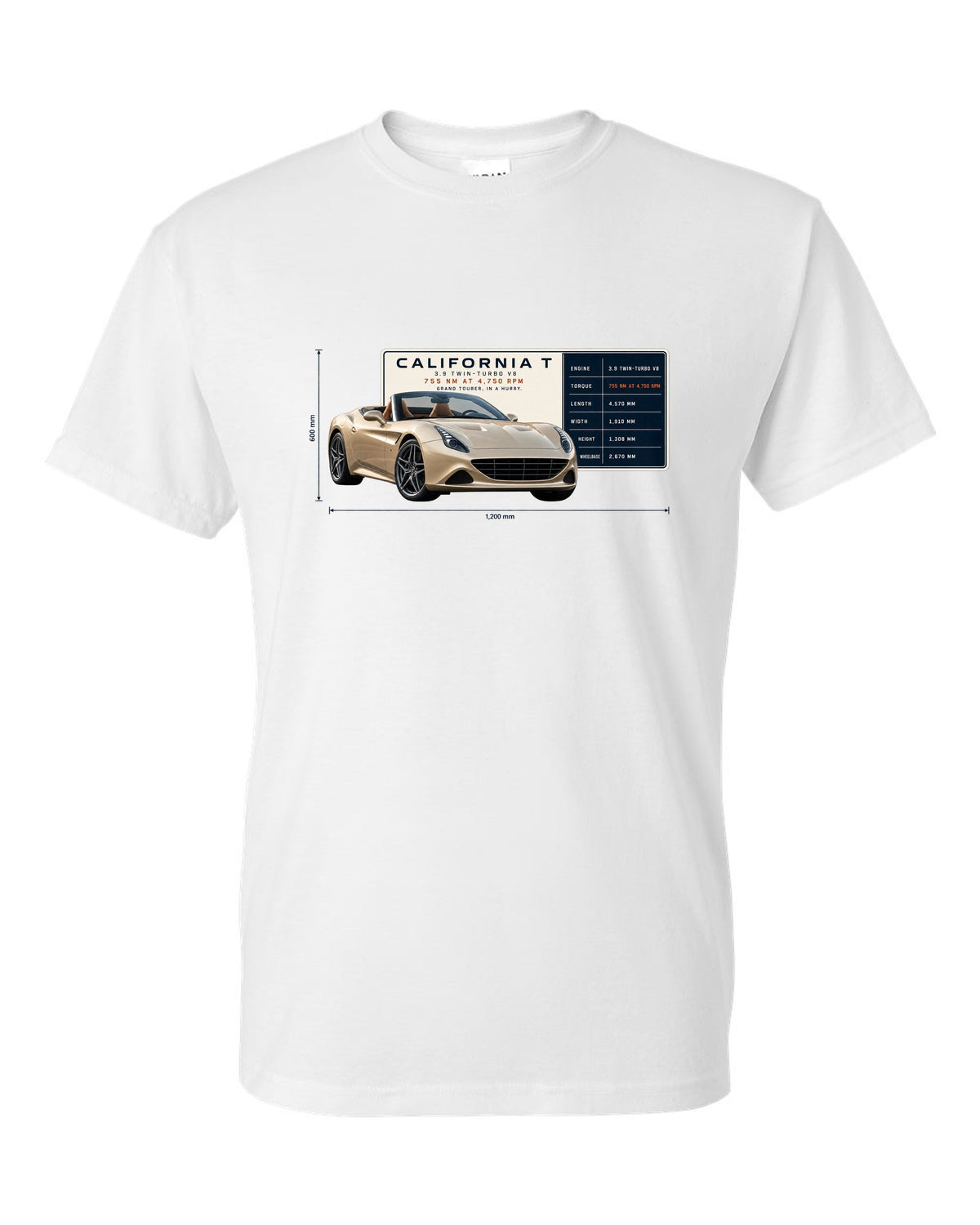 Spec poster print of the Ferrari California T in champagne tones white t-shirt front view with the design