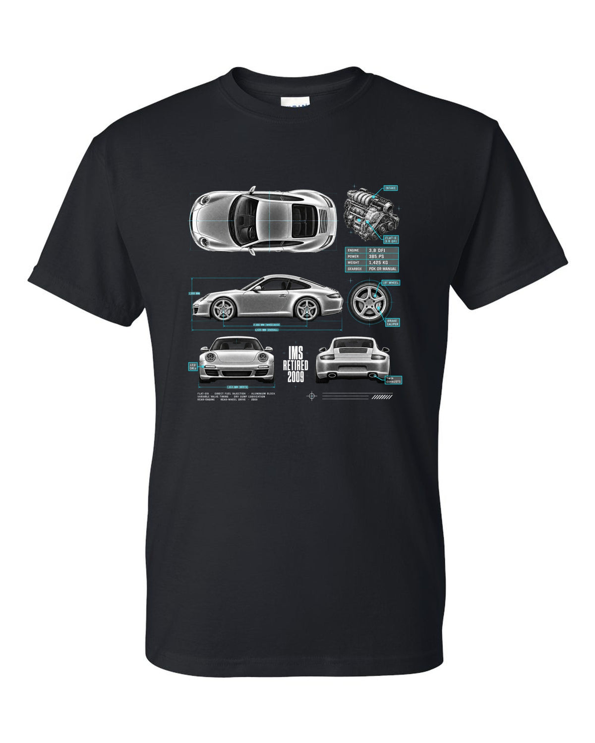 Spec poster print of a Porsche 911 Carrera S (997.2) with the headline IMS Retired 2009 black t-shirt front view with the design