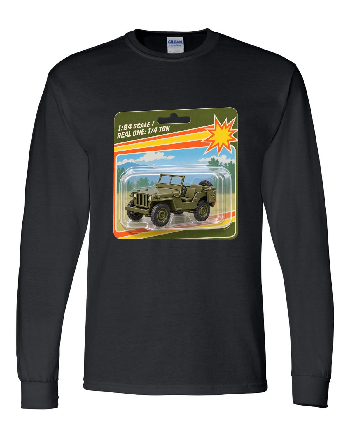 Toy blister card style print of a Willys MB with 1:64 scale text black long sleeve front view with the design