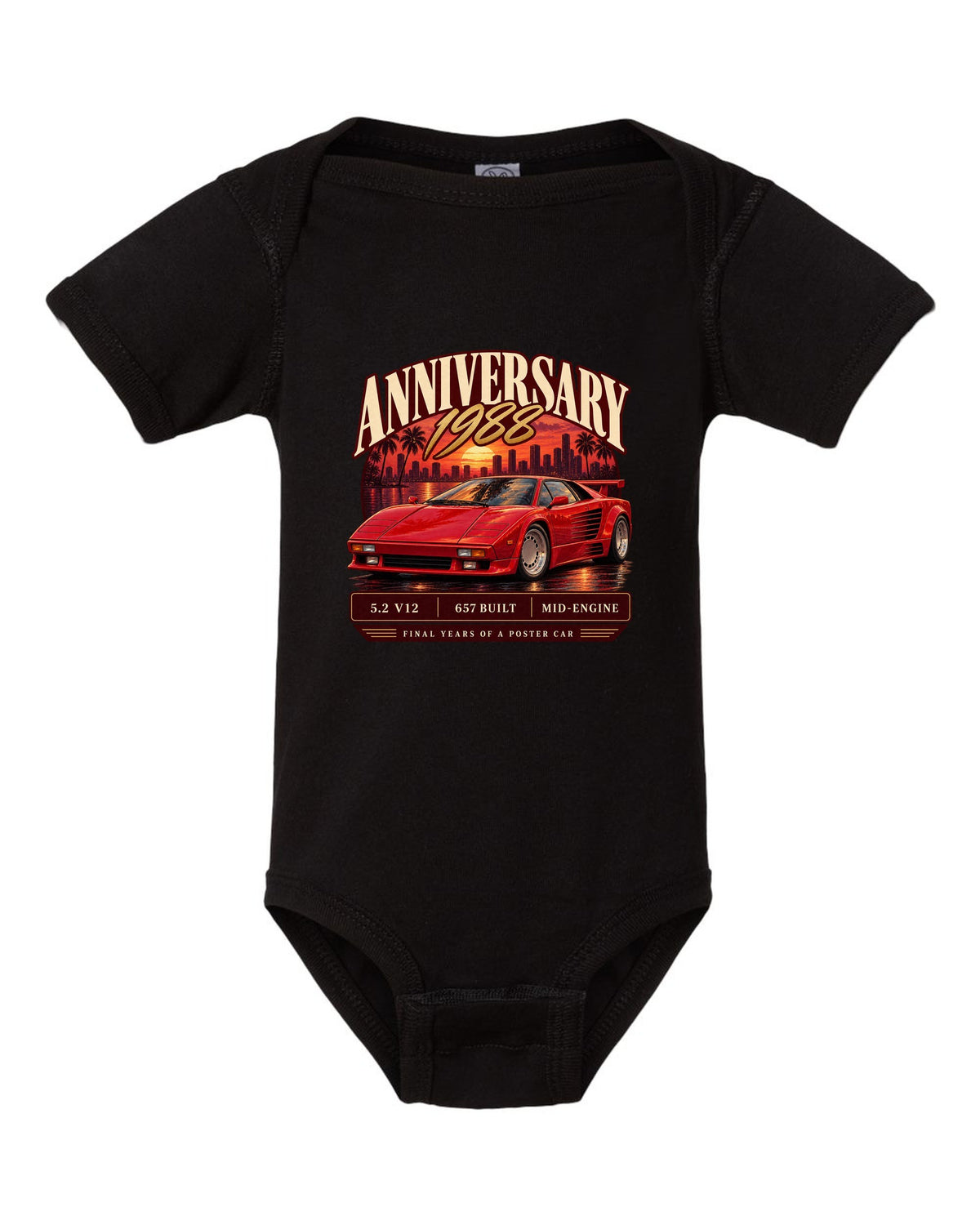 Archive panel print of a Lamborghini Countach 25th Anniversary with 657 built text black baby onesie front view with the design