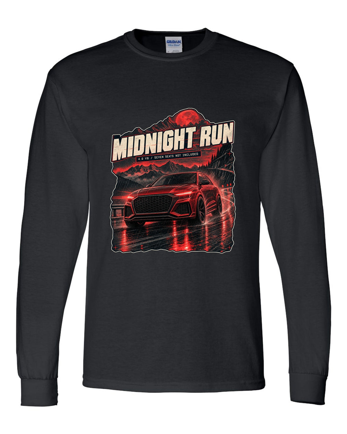 Audi RS Q8 night street scene print with midnight run text black long sleeve front view with the design