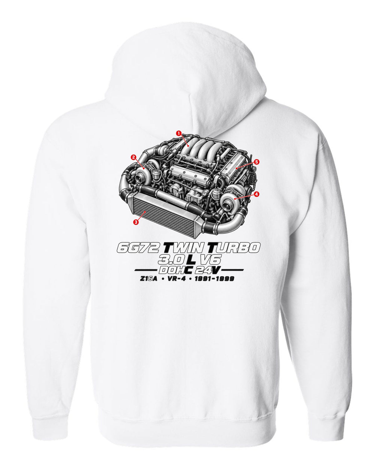 Mitsubishi 3000GT VR-4 Z16A engine bay with 6G72 twin turbo V6 specs white zip hoodie back view with the design