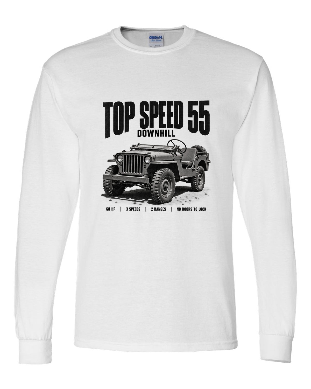 Halftone print for the Willys MB, Top Speed 55 Downhill white long sleeve front view with the design