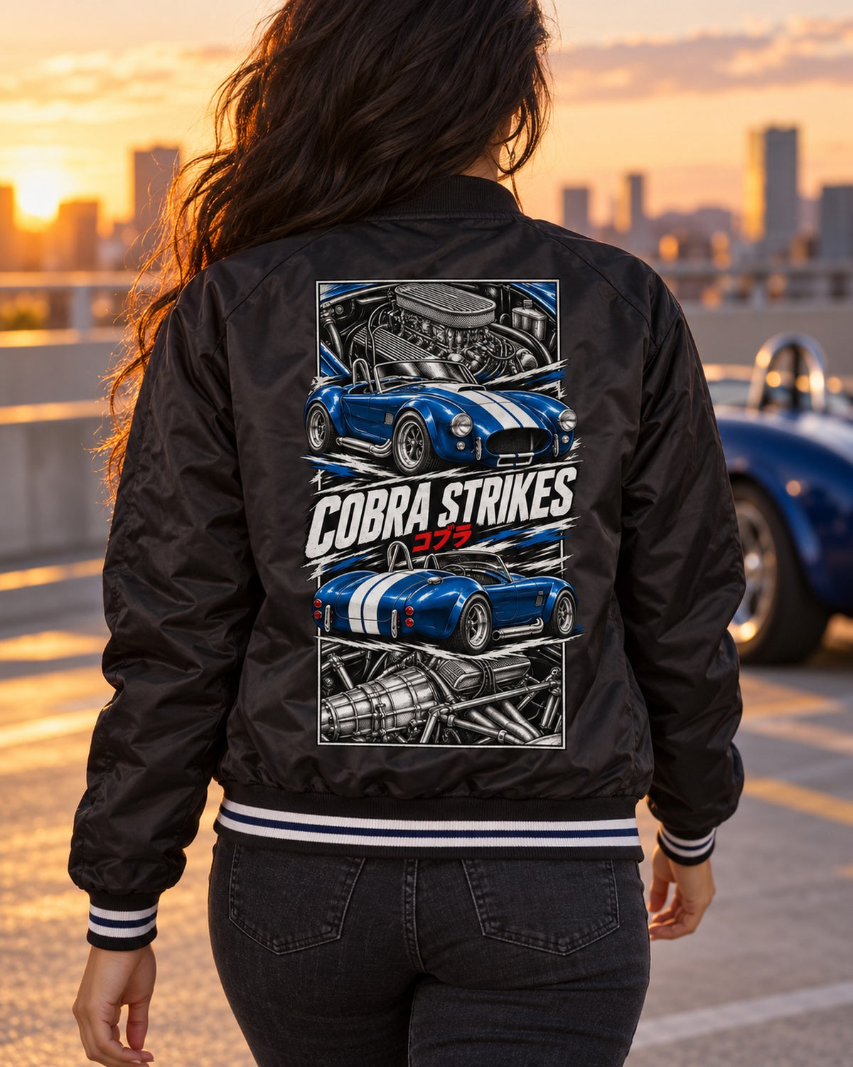Shelby Cobra 427 Torn Poster Full-Back Graphic Tee Bomber Jacket Black worn hero