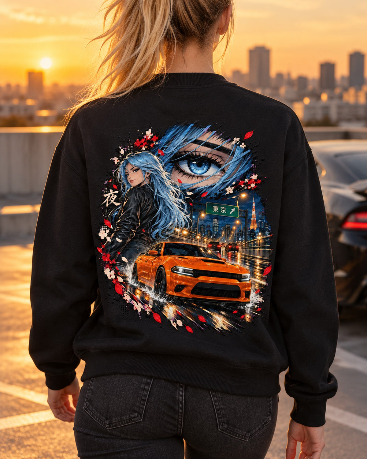 Dodge Charger Hellcat Anime Girl Shirt, Hoodie & More Crewneck Black worn hero