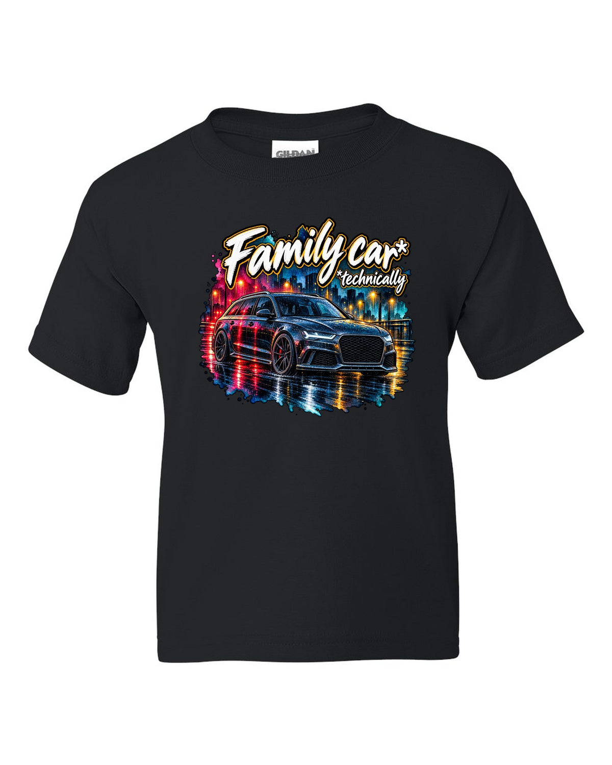 Watercolour wet-road night design of the Audi RS6 Avant C7 4G with family car technically lettering black kids tee front view with the design