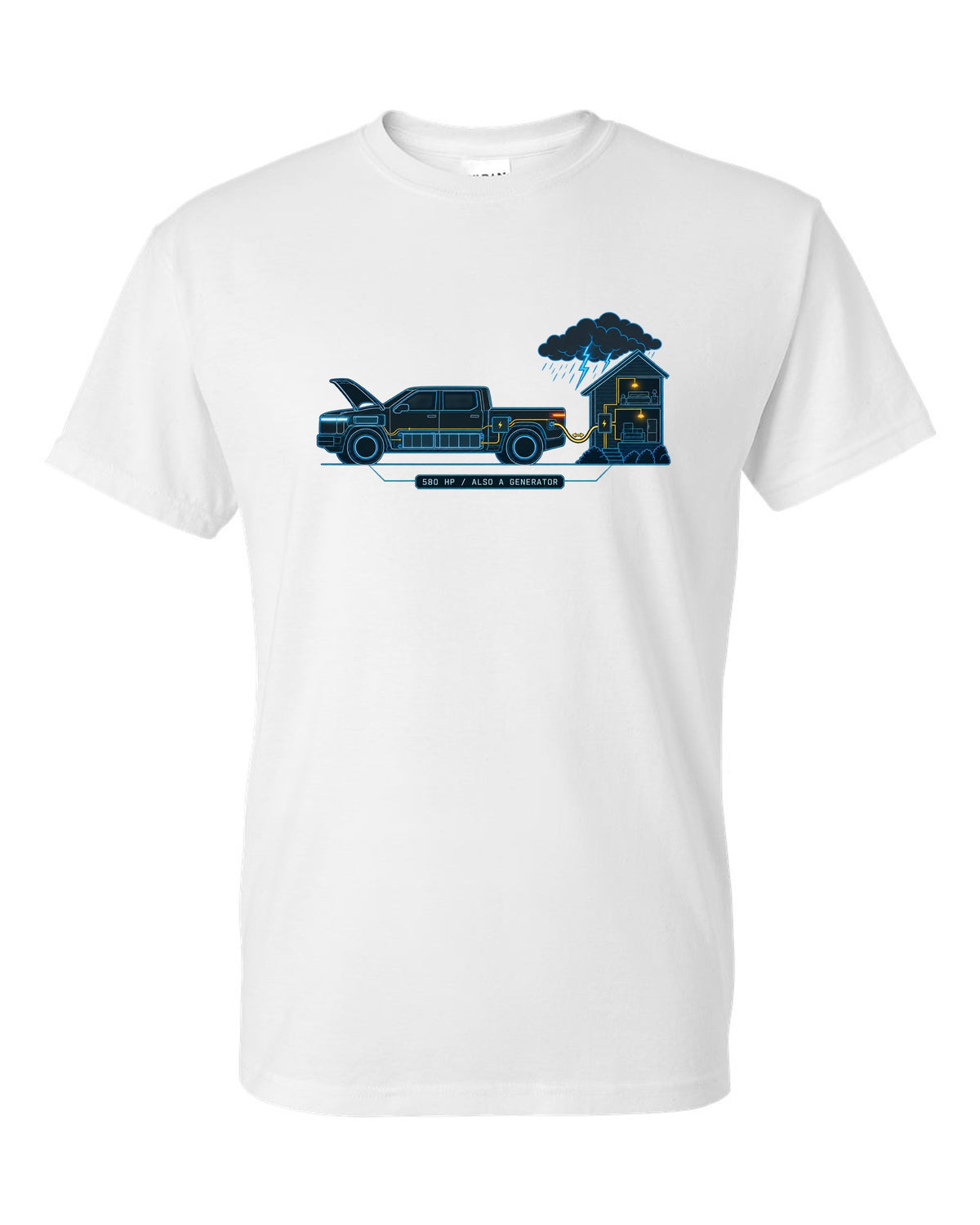 Ford F-150 Lightning electrical schematic diagram print with 580 HP and generator text white t-shirt front view with the design