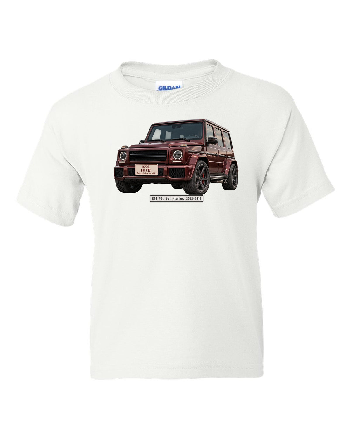 Editorial headline print of a Mercedes-AMG G65 W463 V12 white kids tee front view with the design