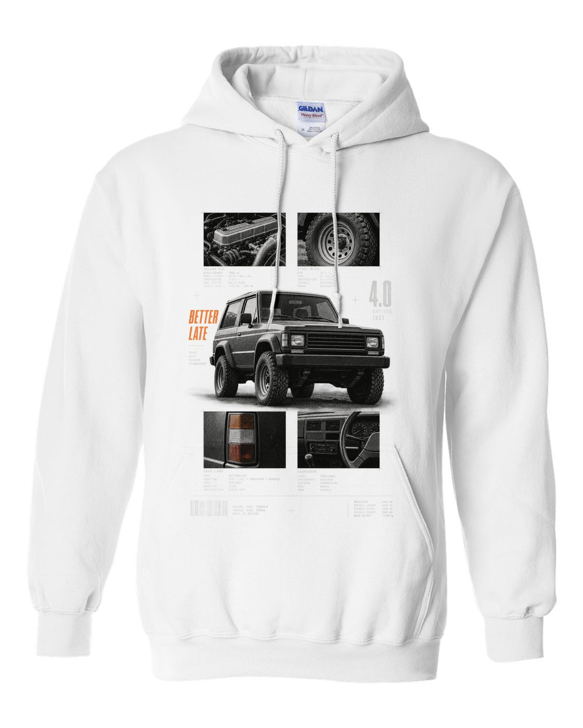 Dossier panel print for the Jeep Wrangler YJ 4.0, arrived 1991 white pull over hoodie front view with the design