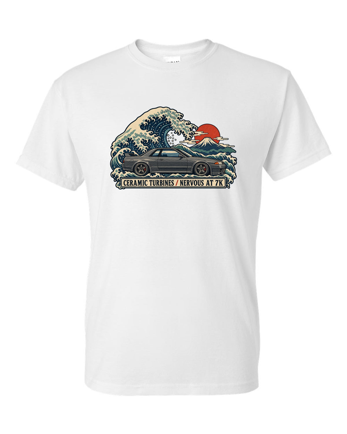 Ukiyo-e woodblock print of a gun grey Nissan Skyline GT-R R32 BNR32 on a wave white t-shirt front view with the design