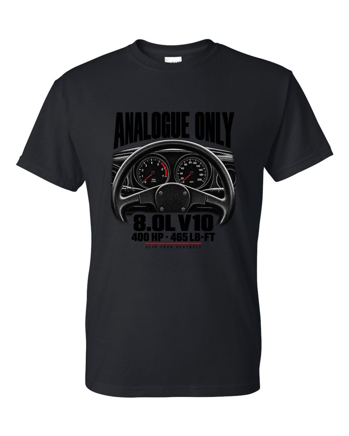 Cockpit gauge print of a 1994 Dodge Viper RT/10 SR I with analogue only and 8.0L V10 text black t-shirt front view with the design