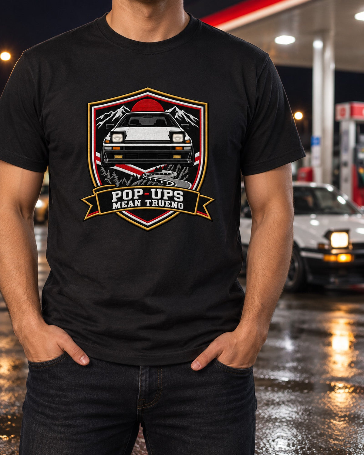 Sprinter Trueno AE86 Varsity Crest Shirt, Pop-Ups Design T-Shirt Black worn hero